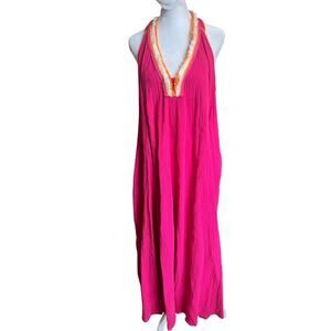 Magaschoni NWT! Organic Cotton Pom Pom Fringe Trim Boho Maxi Dress Raspberry L